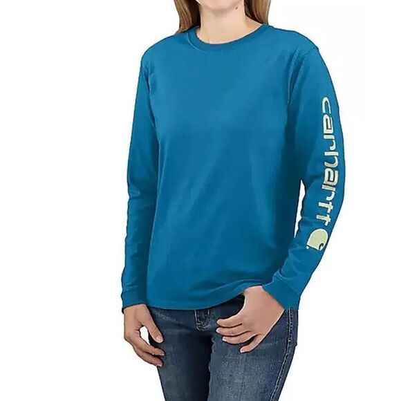 Carhartt Womens M 8-10 Blue Loose Fit Long Sleeve Logo Sleeve Graphic Tee Shirt - Picture 2 of 6